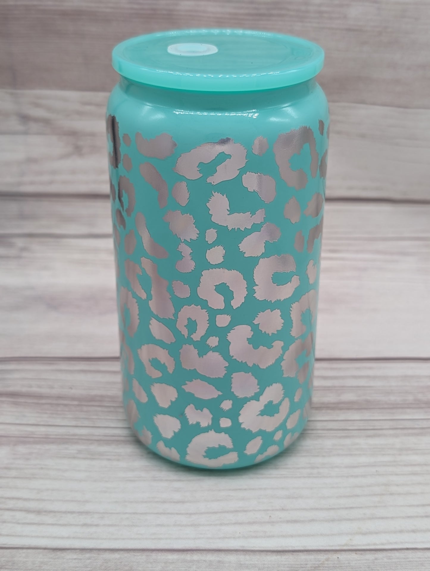 16oz Glass Holographic Leopard Print Glass Cans