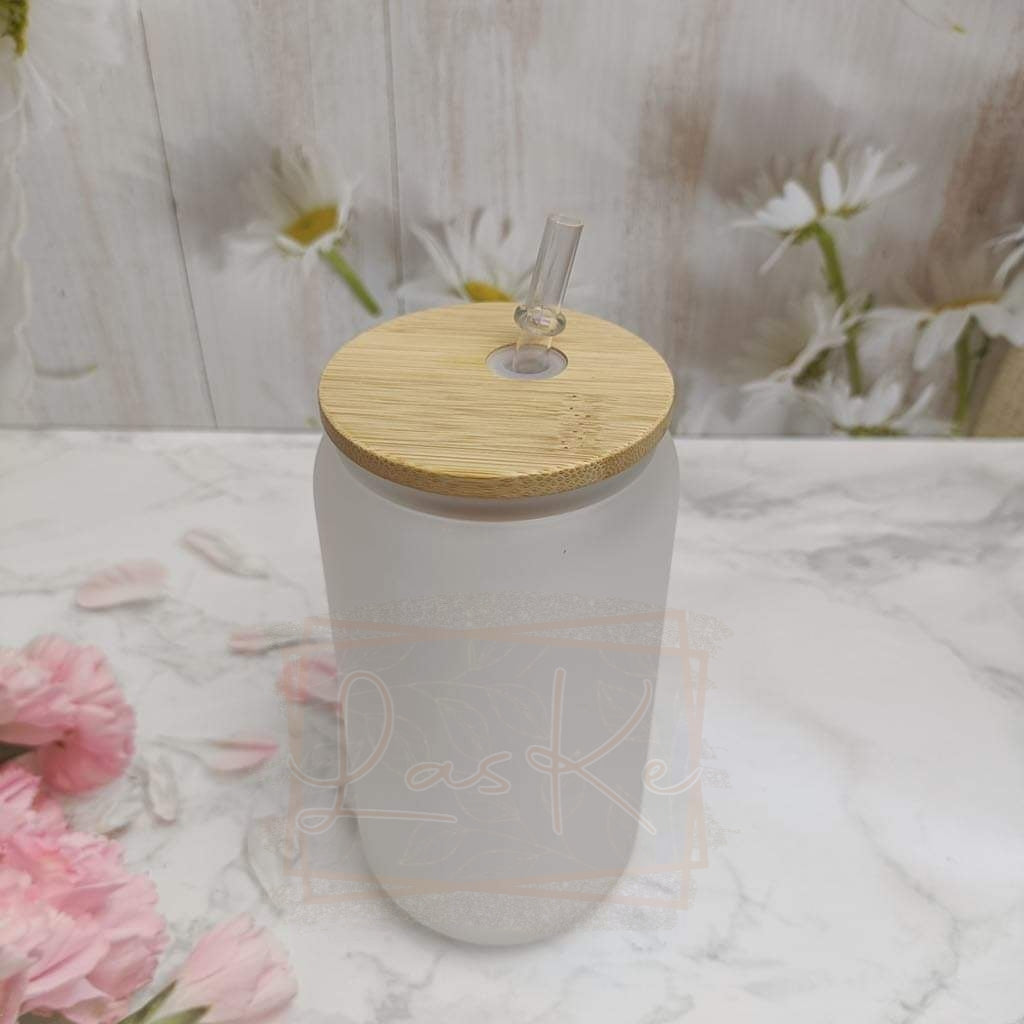 16oz. Frosted Glass Can w/ Bamboo Lid - Plastic Straw