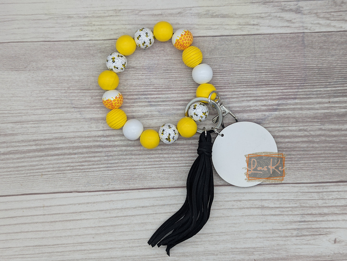 Bees Yellow Honeycomb Keychain Bracelet with MDF Sub Disk