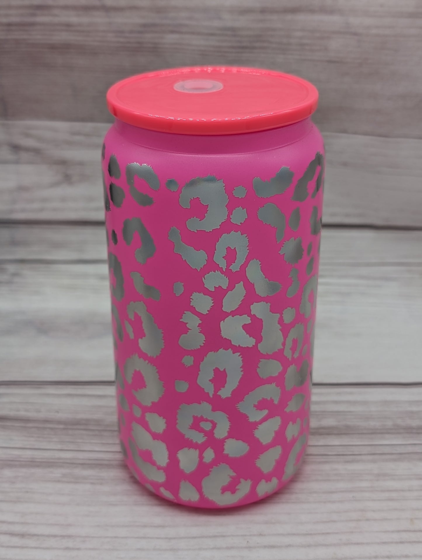 16oz Glass Holographic Leopard Print Glass Cans