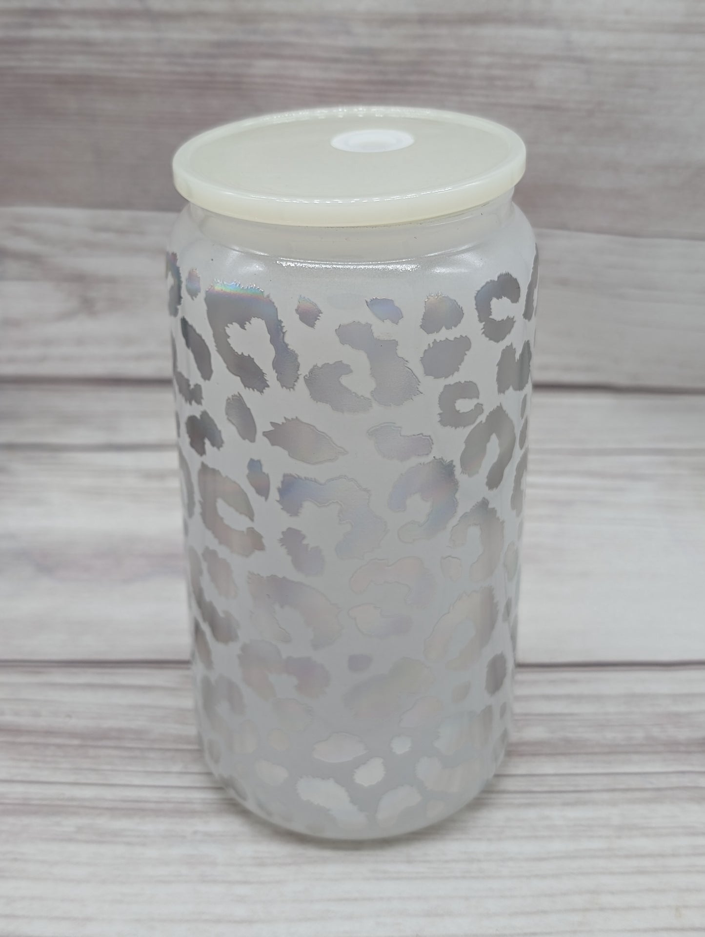 16oz Glass Holographic Leopard Print Glass Cans