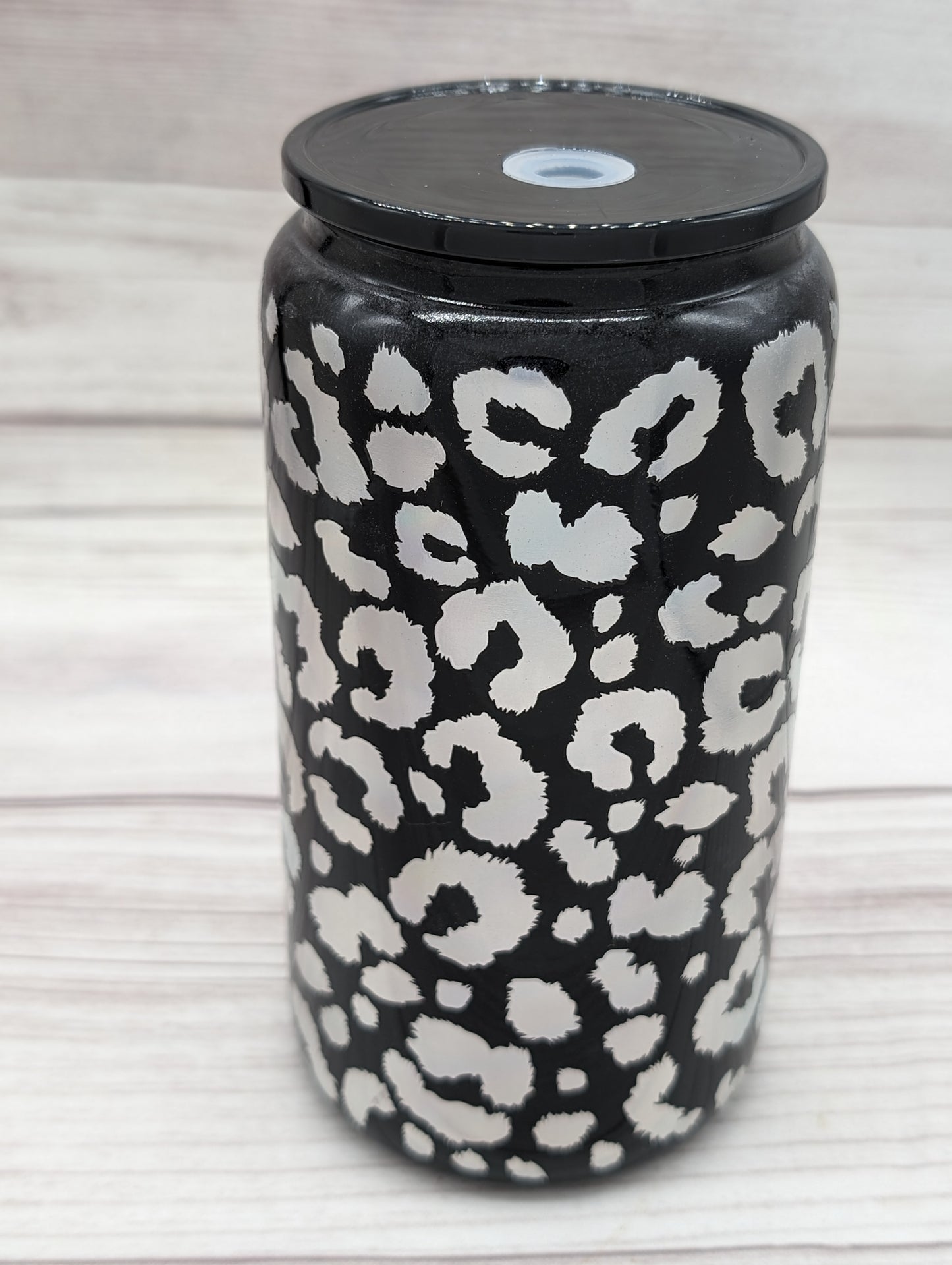 16oz Glass Holographic Leopard Print Glass Cans