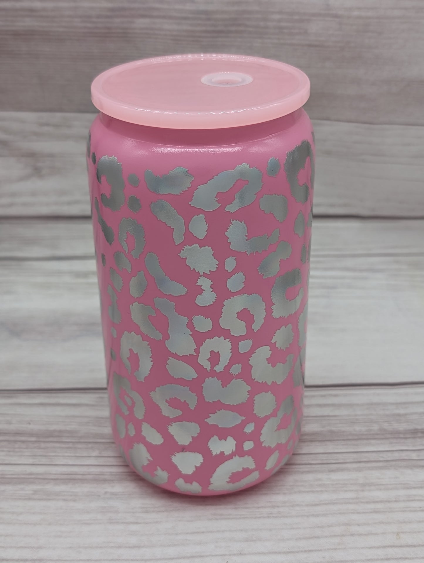16oz Glass Holographic Leopard Print Glass Cans