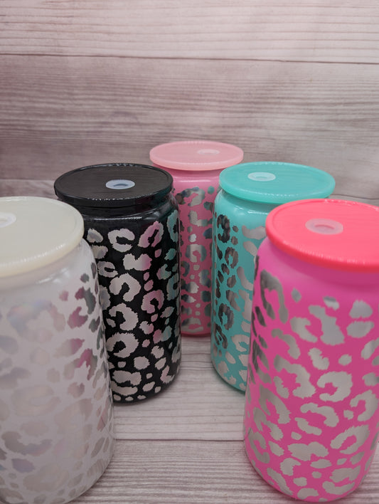 16oz Glass Holographic Leopard Print Glass Cans