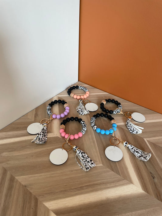 Black Cowprint and Color Keychain Bracelet with MDF Sub Disk