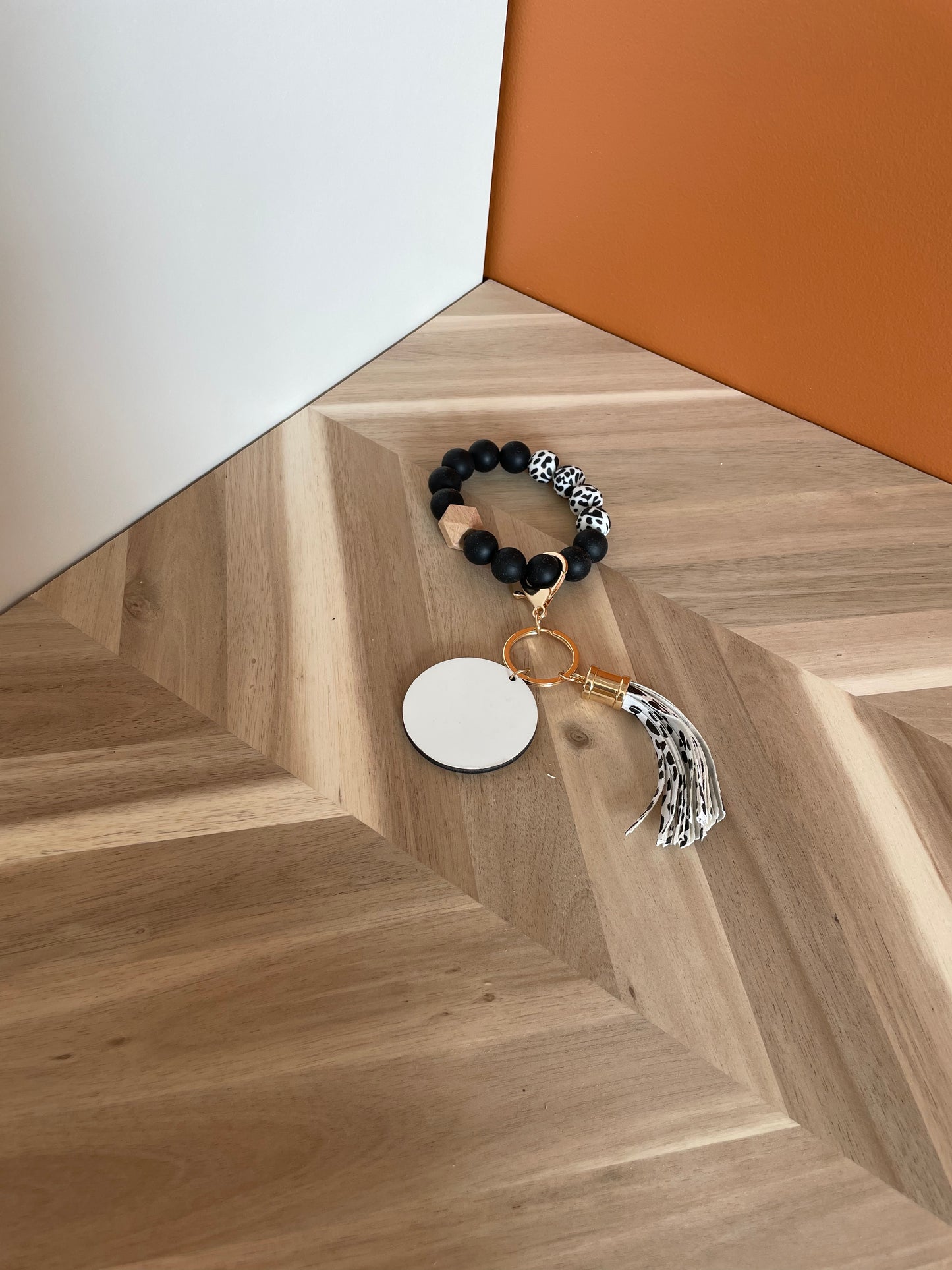 Black Cowprint and Color Keychain Bracelet with MDF Sub Disk
