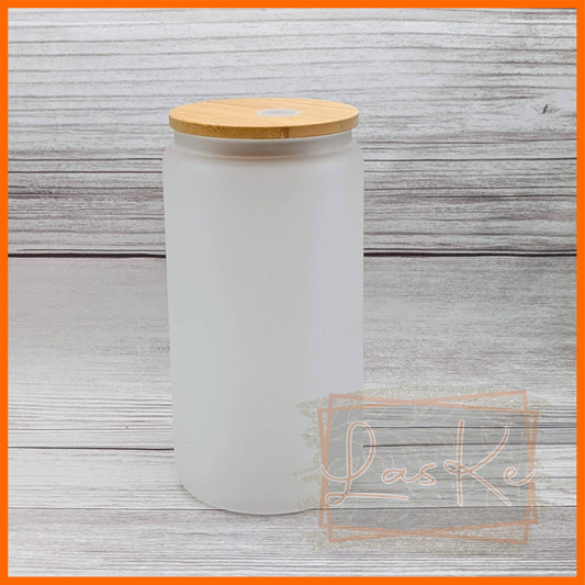 16oz. Frosted Glass Can w/ Bamboo Lid - Plastic Straw